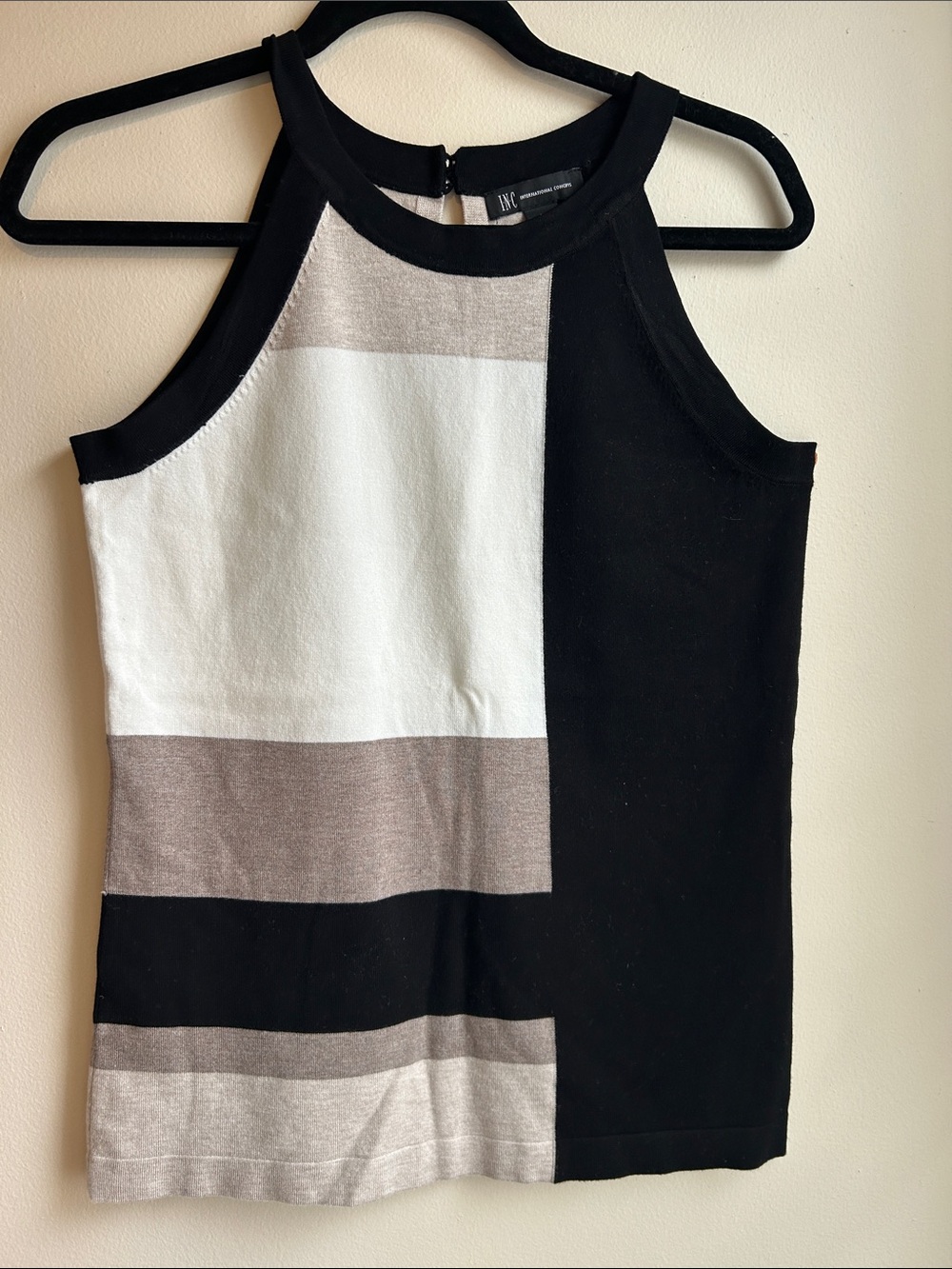 INC International Concepts Black, White & Taupe Colorblock Halter Tank